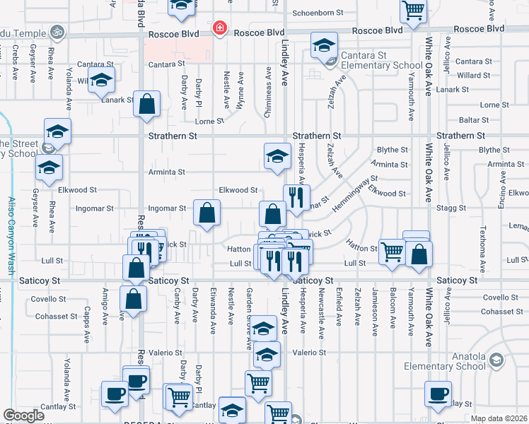 map of restaurants, bars, coffee shops, grocery stores, and more near 7757 Chimineas Avenue in Los Angeles