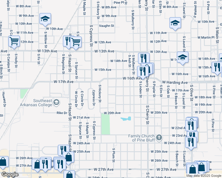 map of restaurants, bars, coffee shops, grocery stores, and more near 1616 West 17th Avenue in Pine Bluff