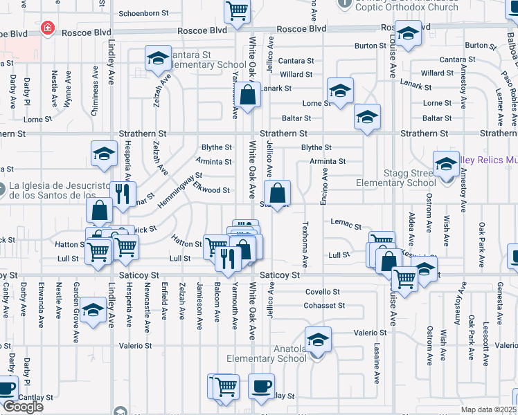map of restaurants, bars, coffee shops, grocery stores, and more near 17650 Stagg Street in Los Angeles