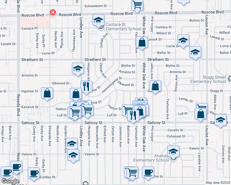 map of restaurants, bars, coffee shops, grocery stores, and more near 17900 Keswick Street in Los Angeles