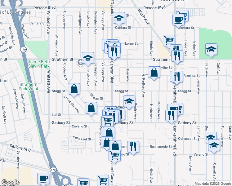 map of restaurants, bars, coffee shops, grocery stores, and more near 7756 Laurel Canyon Boulevard in Los Angeles