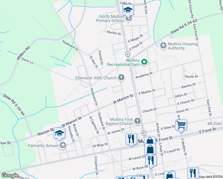 map of restaurants, bars, coffee shops, grocery stores, and more near 222 Gerrald Loop in Mullins