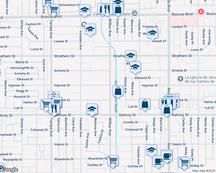 map of restaurants, bars, coffee shops, grocery stores, and more near 7759 Ingomar Street in Los Angeles