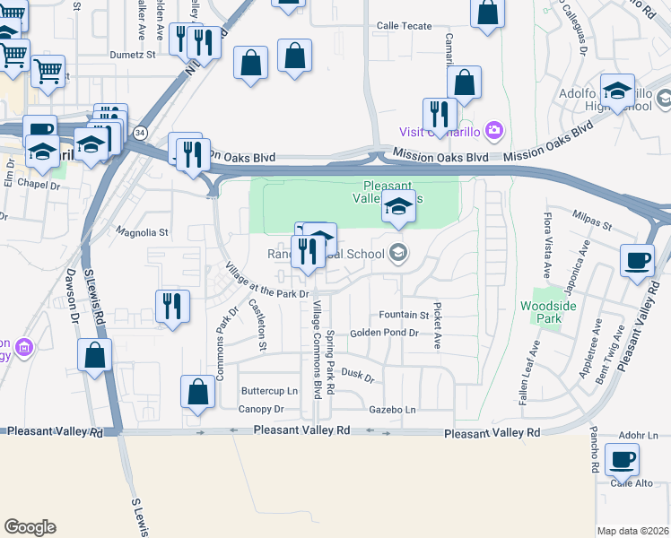 map of restaurants, bars, coffee shops, grocery stores, and more near 3341 Rockhampton Drive in Camarillo