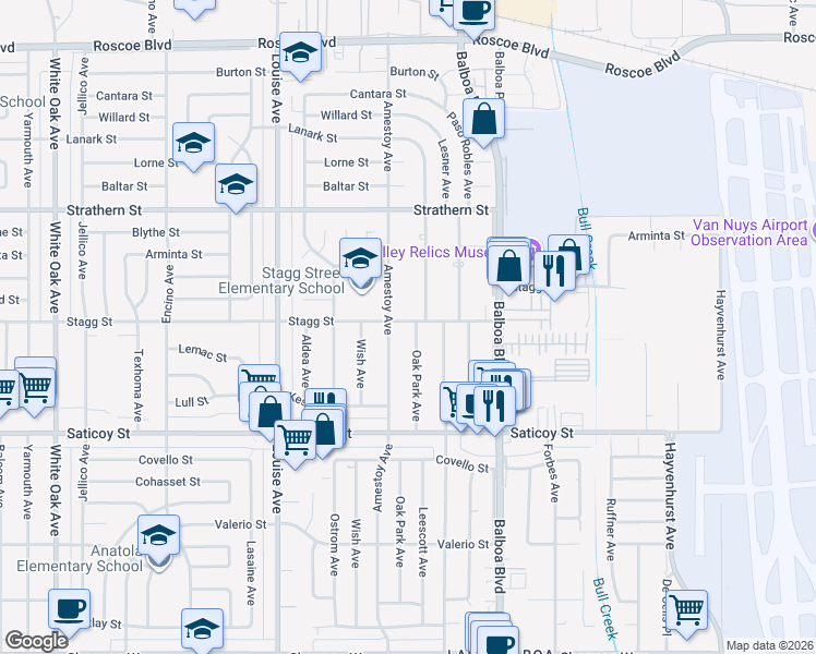 map of restaurants, bars, coffee shops, grocery stores, and more near 7755 Oak Park Ave in Los Angeles