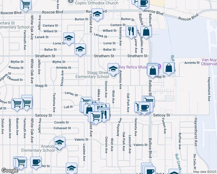 map of restaurants, bars, coffee shops, grocery stores, and more near 7752 Ostrom Avenue in Los Angeles