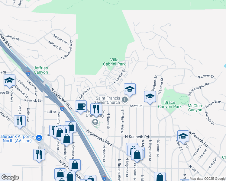 map of restaurants, bars, coffee shops, grocery stores, and more near 7757 Vía Rosa Maria in Burbank