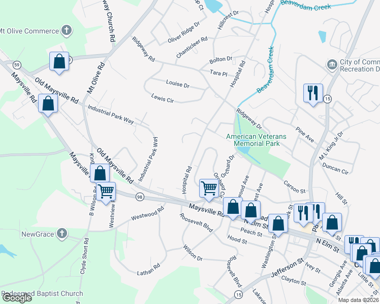 map of restaurants, bars, coffee shops, grocery stores, and more near 203 Orchard Circle in Commerce