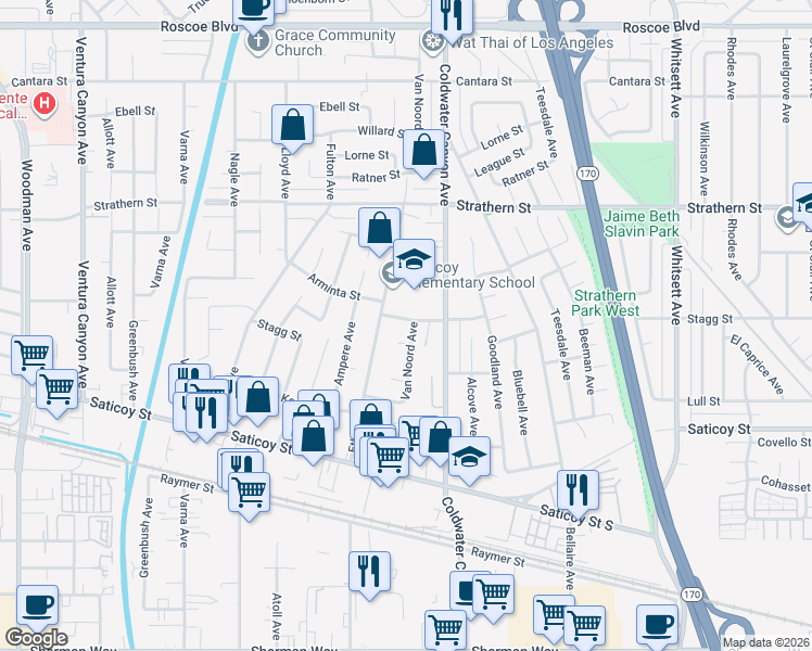 map of restaurants, bars, coffee shops, grocery stores, and more near 7759 Van Noord Avenue in Los Angeles