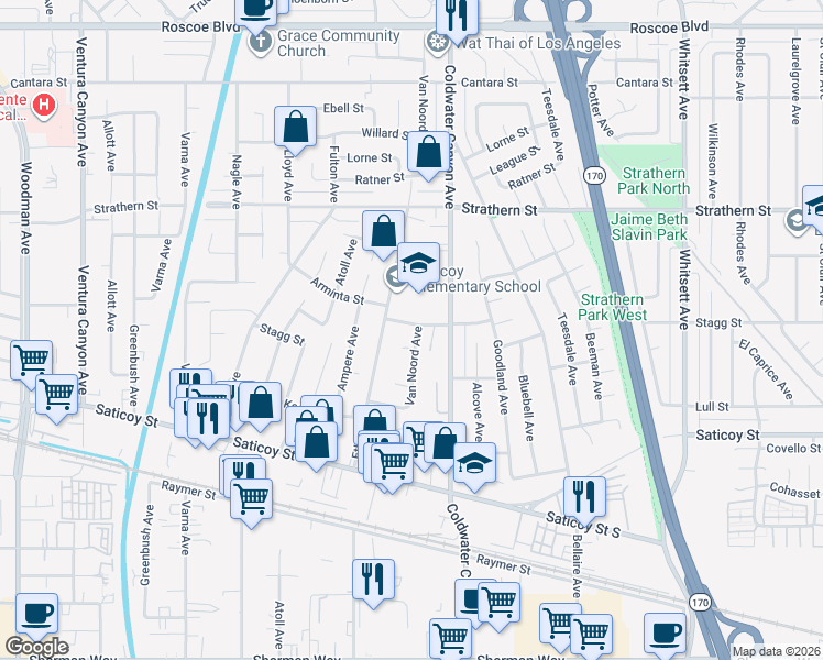 map of restaurants, bars, coffee shops, grocery stores, and more near 7759 Van Noord Avenue in Los Angeles