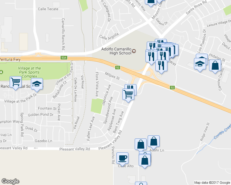 map of restaurants, bars, coffee shops, grocery stores, and more near 130 Spindlewood Avenue in Camarillo