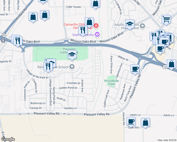 map of restaurants, bars, coffee shops, grocery stores, and more near 256 Trellis Place in Camarillo