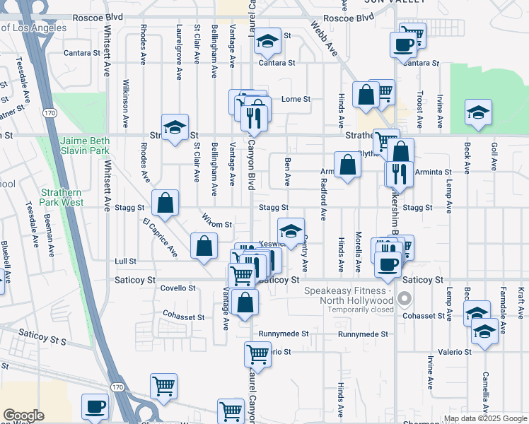 map of restaurants, bars, coffee shops, grocery stores, and more near 7756 Agnes Avenue in Los Angeles