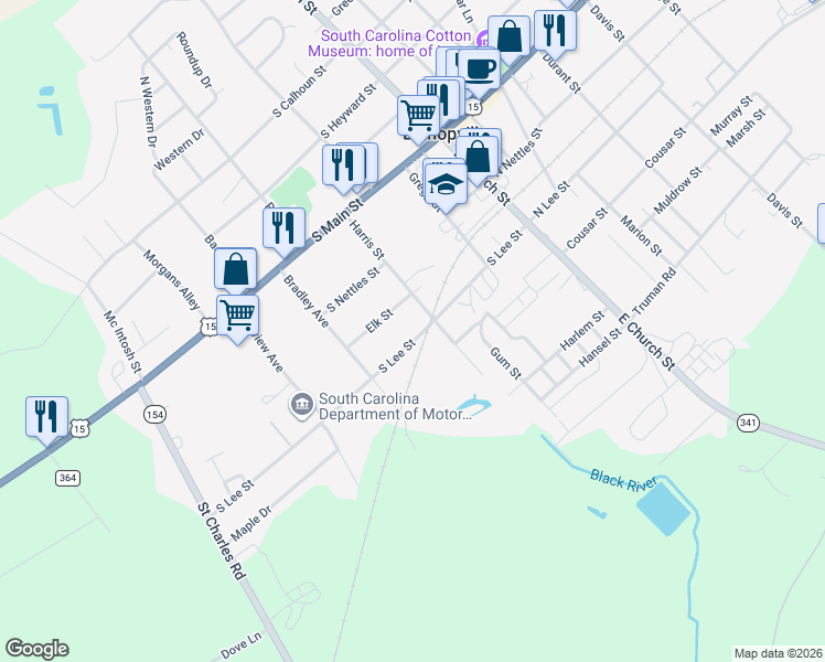 map of restaurants, bars, coffee shops, grocery stores, and more near 314 South Lee Street in Bishopville