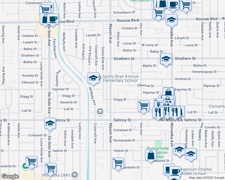 map of restaurants, bars, coffee shops, grocery stores, and more near 20464 Elkwood Street in Los Angeles