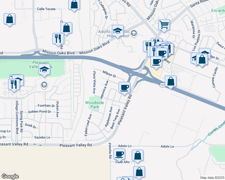 map of restaurants, bars, coffee shops, grocery stores, and more near 130 Spindlewood Avenue in Camarillo