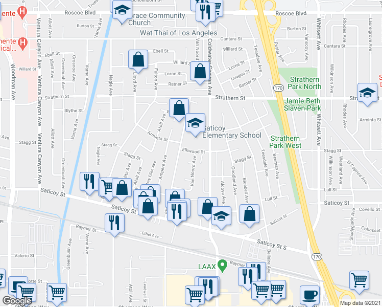 map of restaurants, bars, coffee shops, grocery stores, and more near 7759 Van Noord Avenue in Los Angeles
