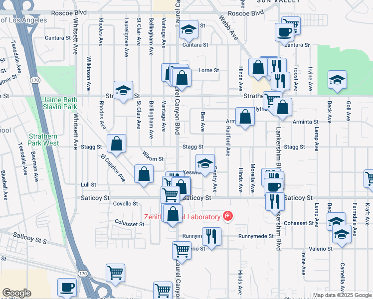 map of restaurants, bars, coffee shops, grocery stores, and more near 12040 Stagg Street in Los Angeles