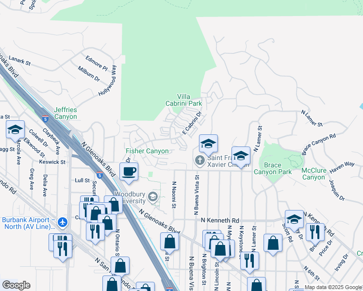 map of restaurants, bars, coffee shops, grocery stores, and more near 7773 Vía Ronaldo in Burbank