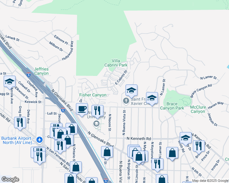 map of restaurants, bars, coffee shops, grocery stores, and more near 7764 Vía Ronaldo in Burbank