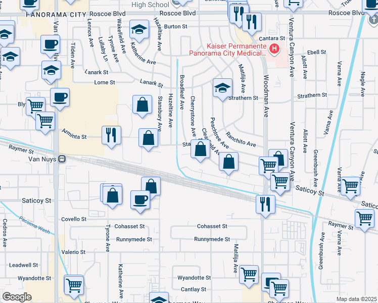 map of restaurants, bars, coffee shops, grocery stores, and more near 13941 Stroud Street in Los Angeles