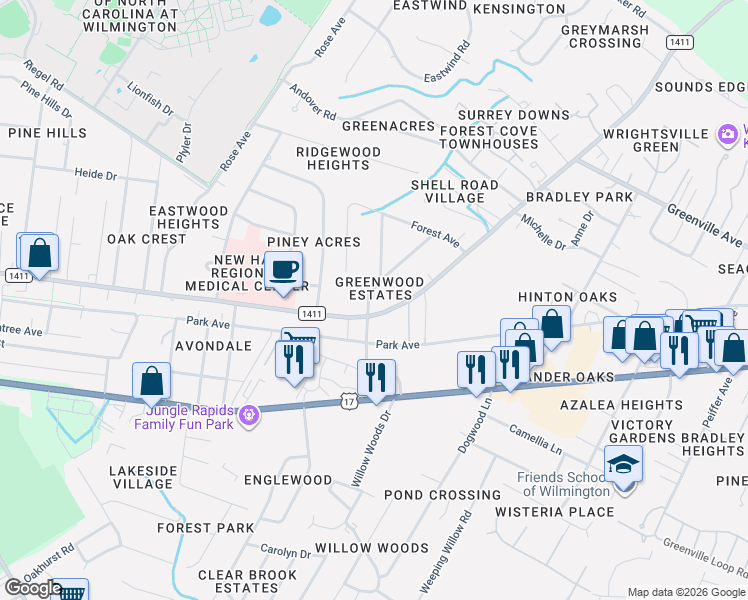 map of restaurants, bars, coffee shops, grocery stores, and more near 1145 French Road in Wilmington