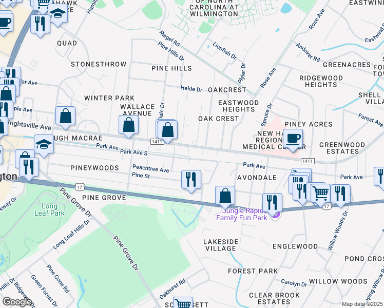 map of restaurants, bars, coffee shops, grocery stores, and more near 5054 Wrightsville Avenue in Wilmington