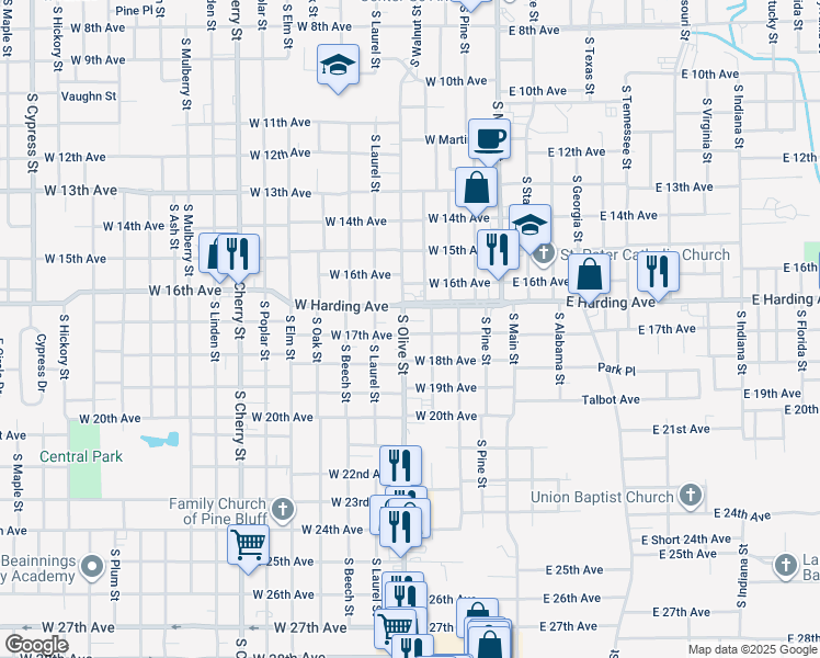 map of restaurants, bars, coffee shops, grocery stores, and more near 1717 South Olive Street in Pine Bluff