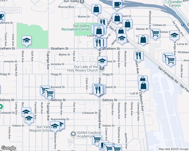 map of restaurants, bars, coffee shops, grocery stores, and more near 7756 Ensign Avenue in Los Angeles