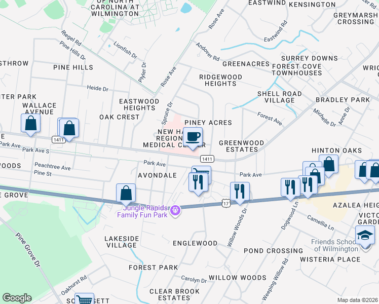 map of restaurants, bars, coffee shops, grocery stores, and more near 5313 Wrightsville Avenue in Wilmington