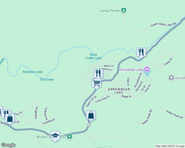 map of restaurants, bars, coffee shops, grocery stores, and more near 32849 Porcupine Lane in Running Springs