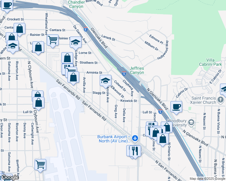 map of restaurants, bars, coffee shops, grocery stores, and more near 10164 Elkwood Street in Los Angeles