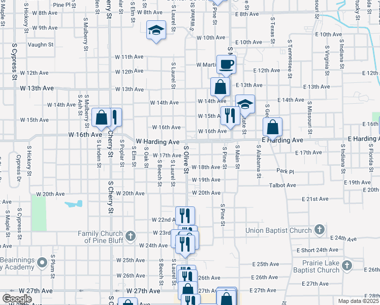 map of restaurants, bars, coffee shops, grocery stores, and more near 1717 South Olive Street in Pine Bluff