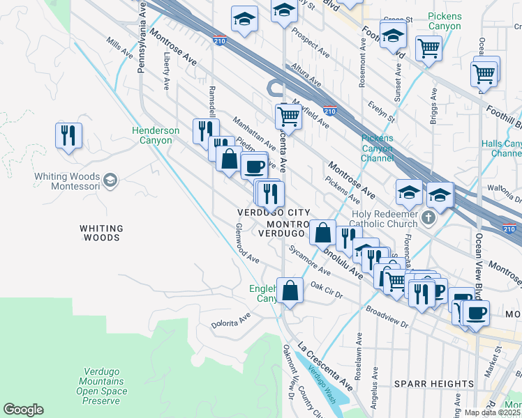 map of restaurants, bars, coffee shops, grocery stores, and more near 3758 Glenwood Avenue in Glendale