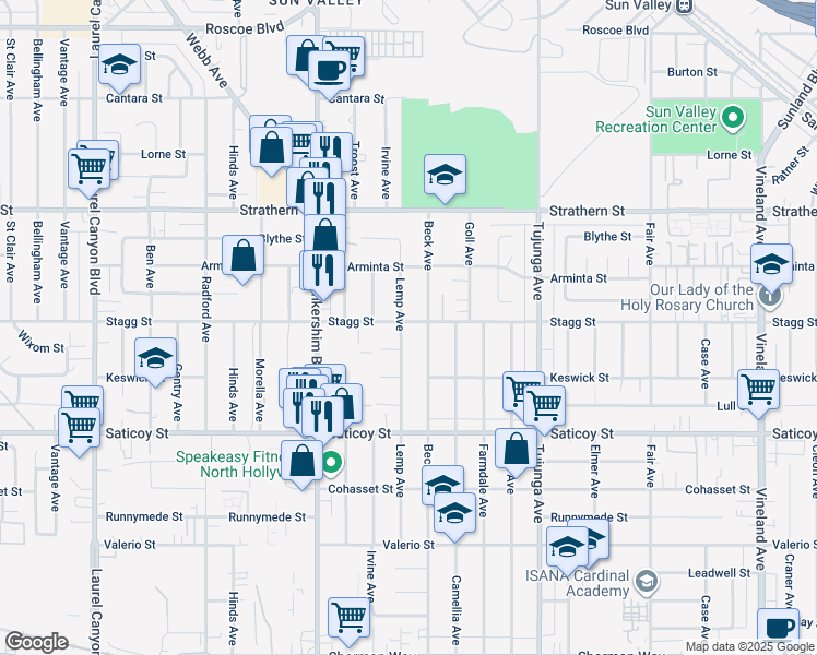 map of restaurants, bars, coffee shops, grocery stores, and more near 7758 Lemp Avenue in Los Angeles