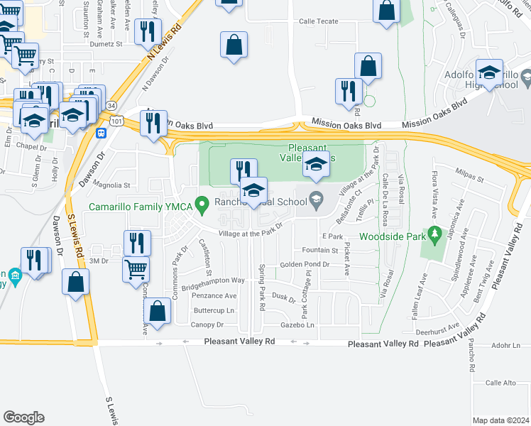 map of restaurants, bars, coffee shops, grocery stores, and more near 3315 Ivy Garden Court in Camarillo