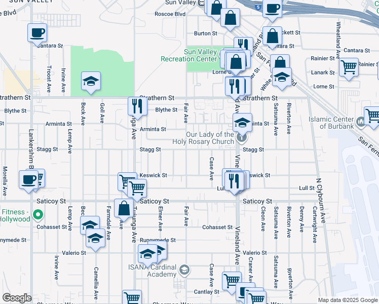 map of restaurants, bars, coffee shops, grocery stores, and more near 7756 Fair Avenue in Los Angeles