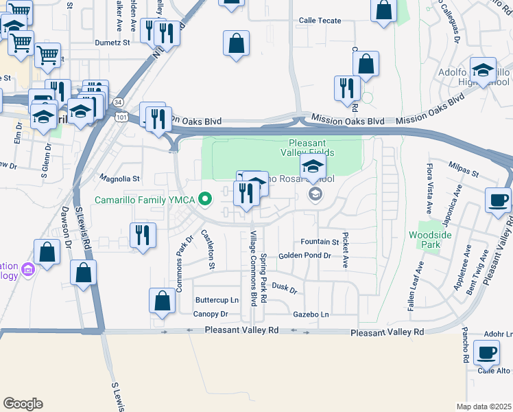 map of restaurants, bars, coffee shops, grocery stores, and more near 232 Village Commons Boulevard in Camarillo