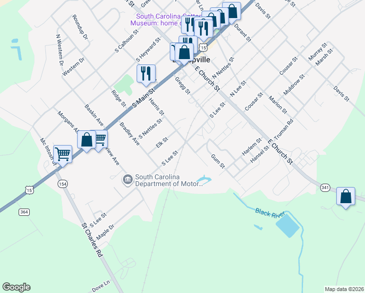 map of restaurants, bars, coffee shops, grocery stores, and more near 314 S Lee St in Bishopville