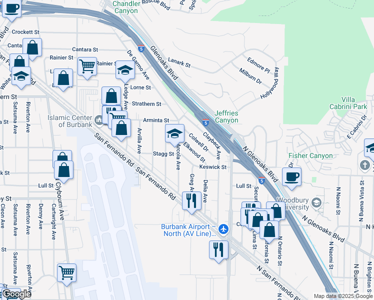 map of restaurants, bars, coffee shops, grocery stores, and more near 10164 Elkwood Street in Los Angeles