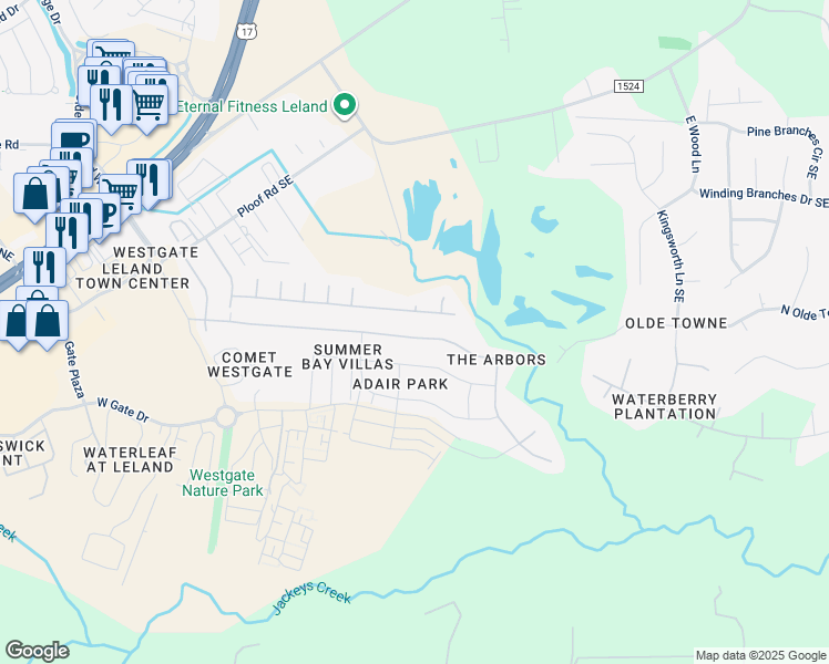 map of restaurants, bars, coffee shops, grocery stores, and more near 9488 Night Harbor Drive in Leland