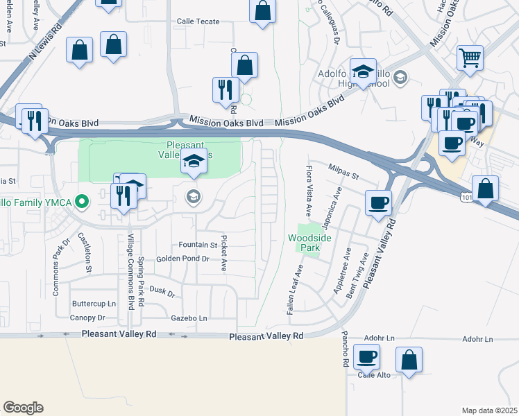 map of restaurants, bars, coffee shops, grocery stores, and more near in Camarillo