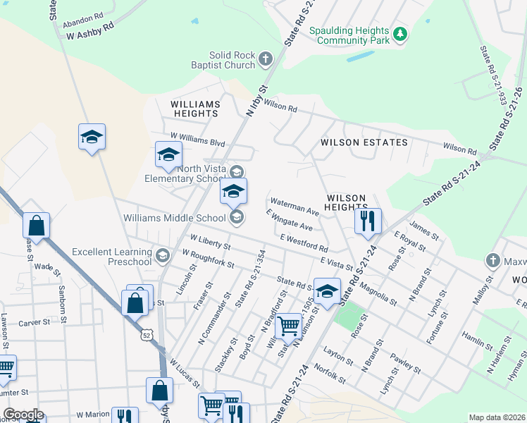 map of restaurants, bars, coffee shops, grocery stores, and more near 108 East Wingate Avenue in Florence