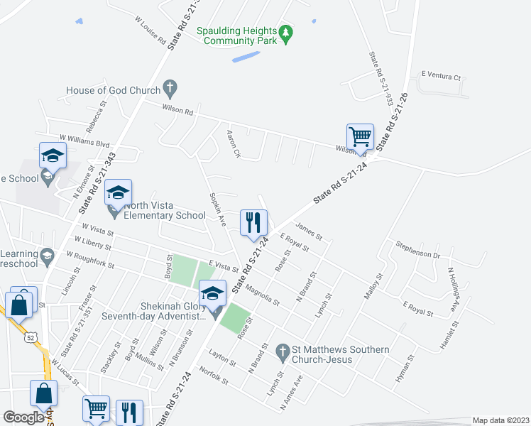 map of restaurants, bars, coffee shops, grocery stores, and more near 314 East Royal Street in Florence