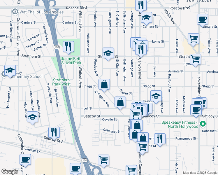map of restaurants, bars, coffee shops, grocery stores, and more near 12300 Stagg Street in Los Angeles