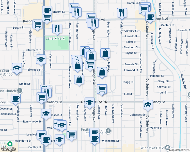 map of restaurants, bars, coffee shops, grocery stores, and more near 134 Orange Line Pedestrian and Bike Path in Los Angeles