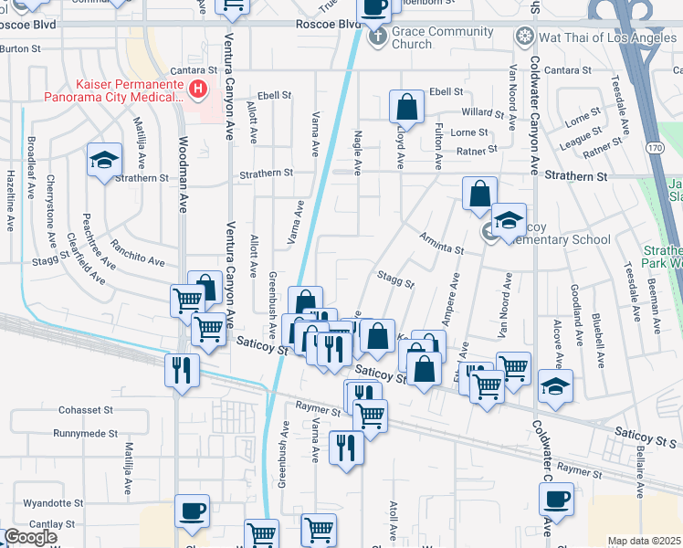 map of restaurants, bars, coffee shops, grocery stores, and more near 13325 Wixom Street in Los Angeles