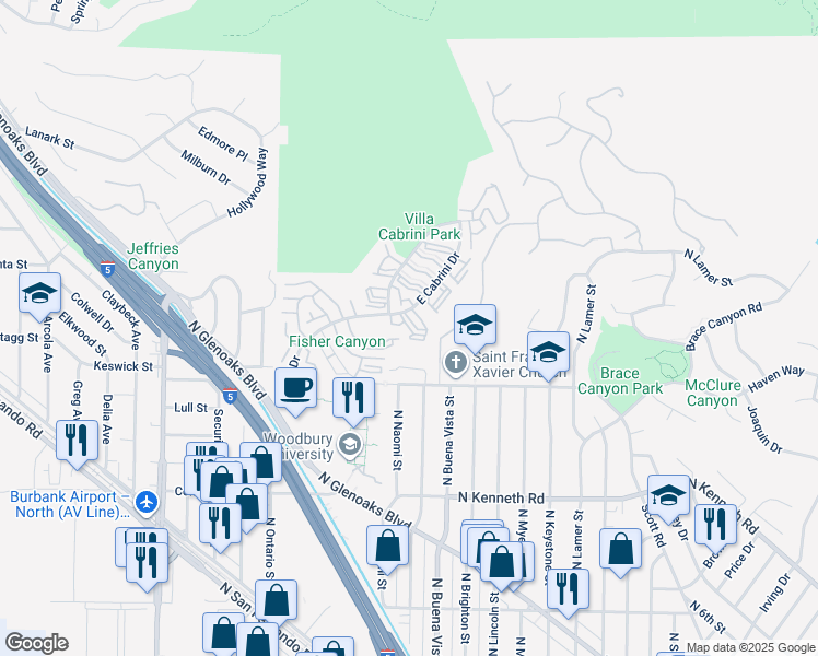 map of restaurants, bars, coffee shops, grocery stores, and more near 7773 Vía Rosa Maria in Burbank