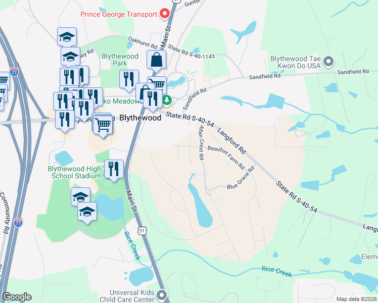 map of restaurants, bars, coffee shops, grocery stores, and more near 208 Langford Road in Blythewood