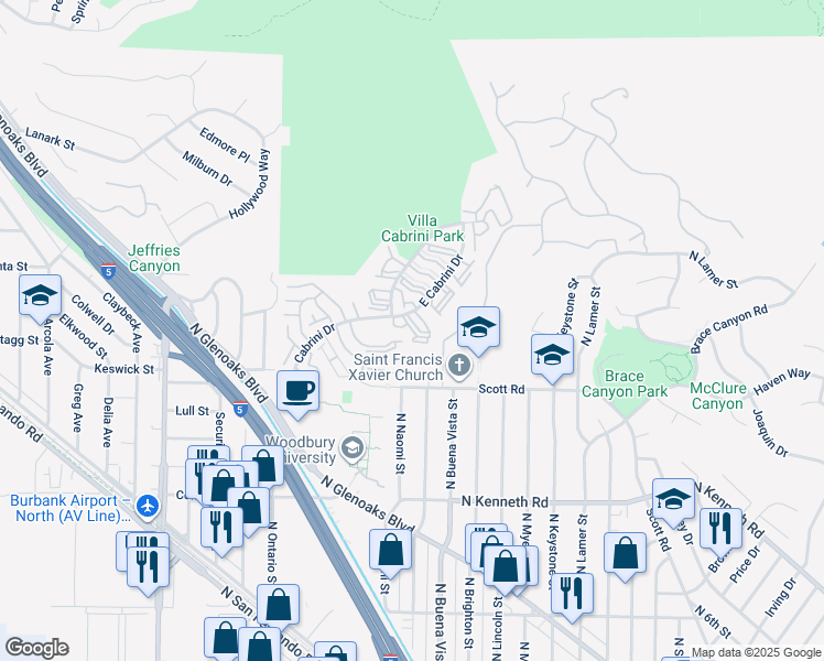 map of restaurants, bars, coffee shops, grocery stores, and more near 7773 Vía Rosa Maria in Burbank